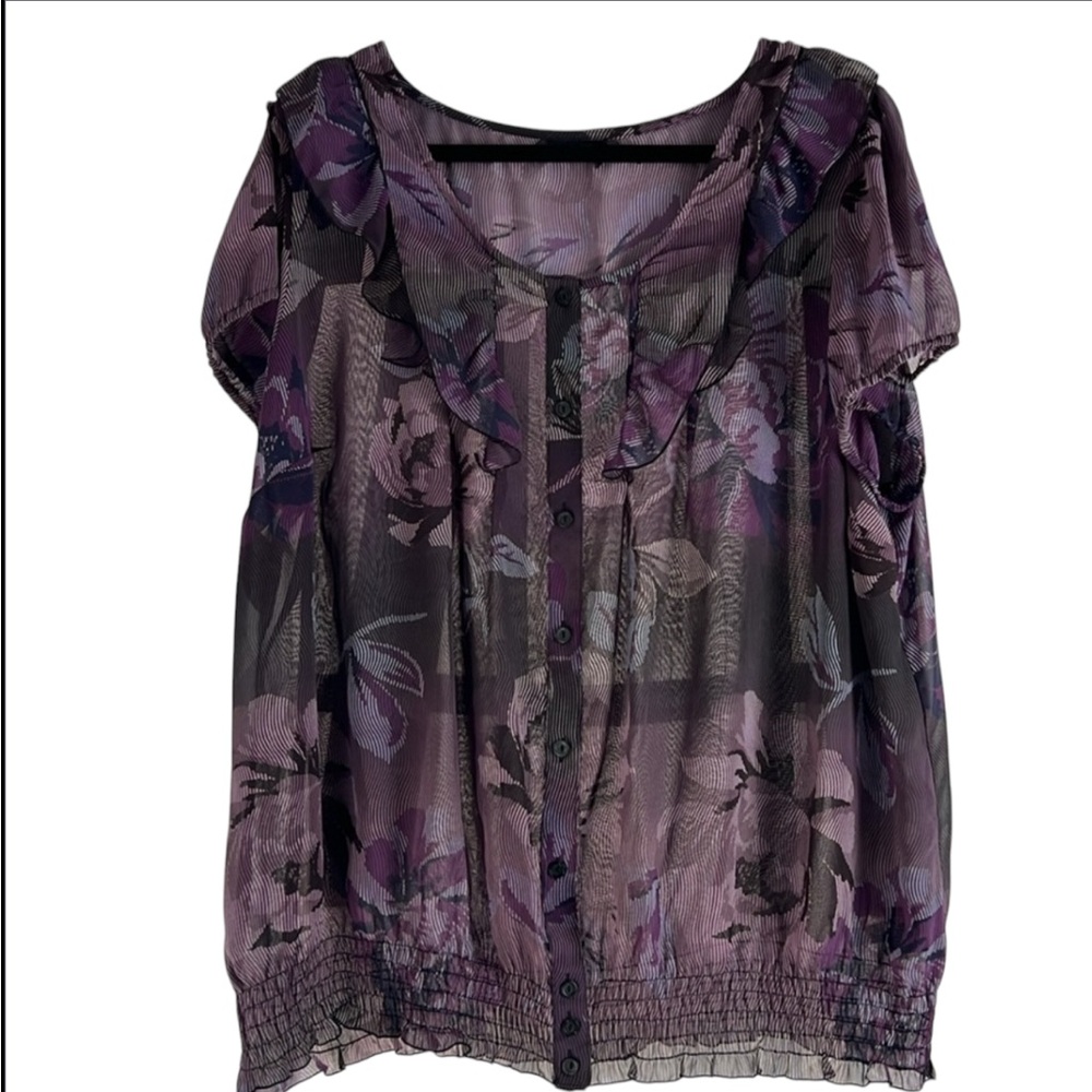 East 5th Women's Sheer Top Size 1X Short Sleeve Multicolored Floral Peas…